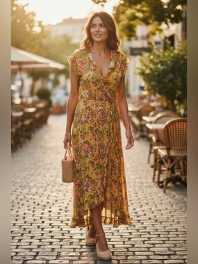 Sundance Yellow Floral Midi Wrap Dress XS